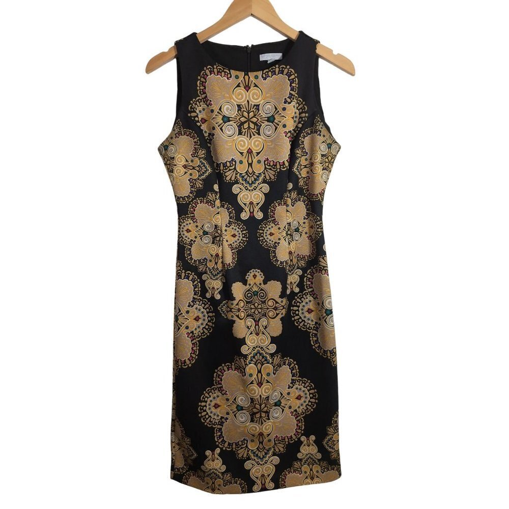 New York & Co Sheath Dress Womens S Black Gold Geometric‎ Print Sleeveless